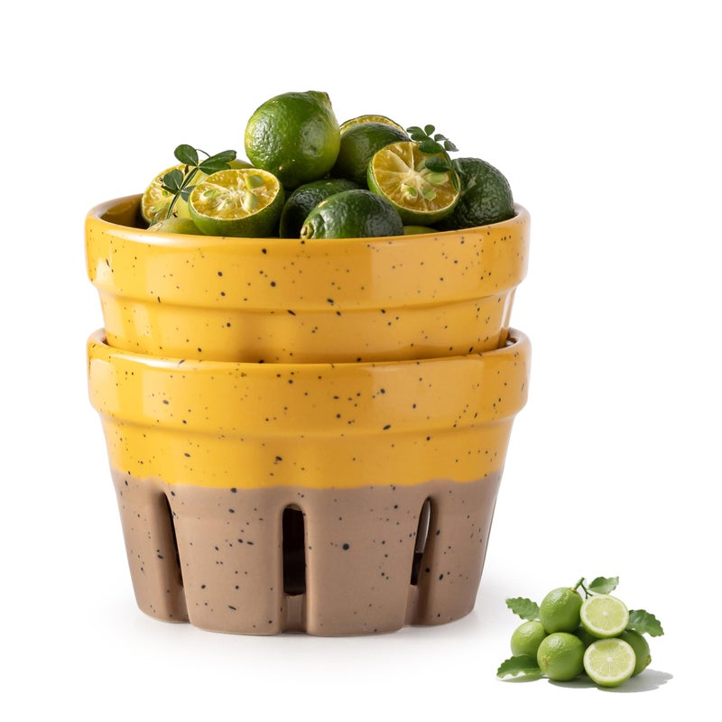 Gomakren Ceramic Fruit Basket Set of 2, Round Fruit Bowls with Holes, Fruit Storage Containers for Fridge, Rustic Berry Basket for Kitchen, Berries, Strawberry, Grape, Cherry, Yellow + Brown - Image 1
