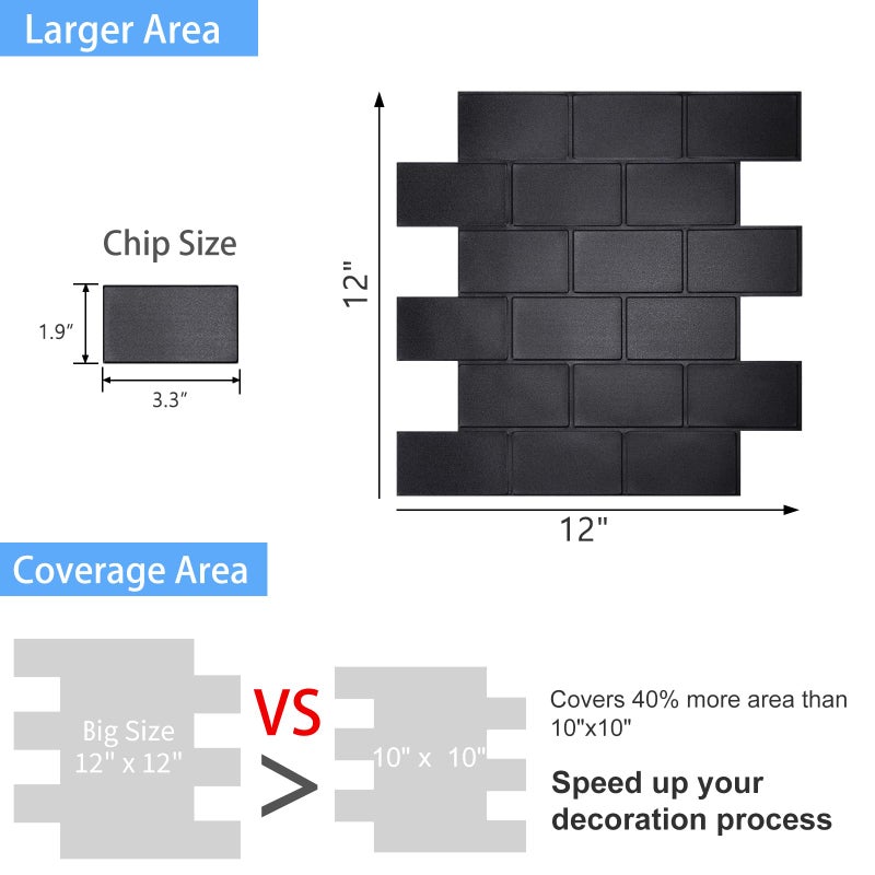 WalDecoo Matte Black Peel and Stick Wall Tiles for Kitchen, WalDecoo 10-Sheet Stick on Backsplash for Bathroom, Large Self-Adhesive Kitchen Backsplashï¼ˆ12''Ã—12''ï¼‰ (Large Subway). - Image 4