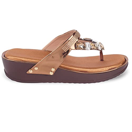 XE Looks Women's Copper Wedge Slippers | Golden Stone-Embellished Design | Comfortable Lightweight Sole | Stylish Cushioned Platform Slippers For Girls & Women - Image 4