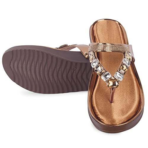 XE Looks Women's Copper Wedge Slippers | Golden Stone-Embellished Design | Comfortable Lightweight Sole | Stylish Cushioned Platform Slippers For Girls & Women - Image 5