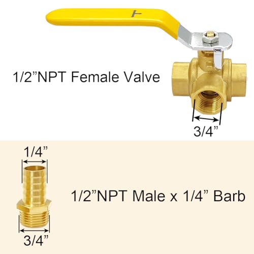 Joywayus Brass 3 Way TPort 12 NPT Ball Valve with 14 Hose Barb AntiRust Forged Brass Shut Off Valve Fitting with Lever Handle - Image 3