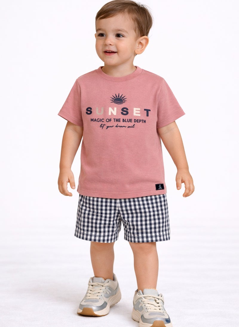 Dirkje Boys 2 Pc Set “Sunset Gingham” Tee & Check Shorts Set - Image 1