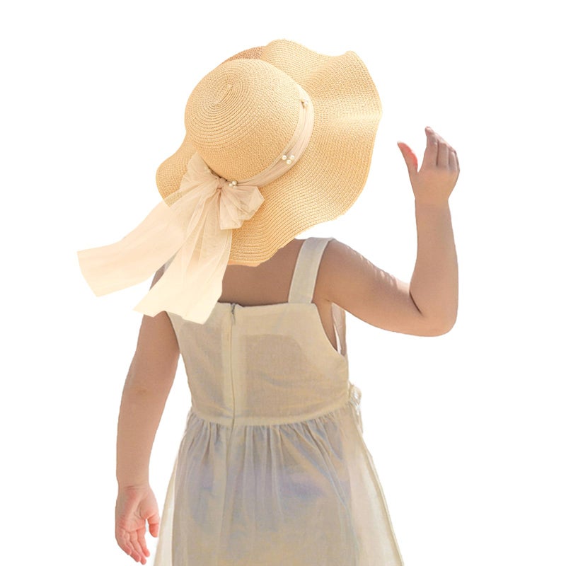 Kunyeah Kids Girl Summer Straw Hat Foldable Wide Brim Cap Sun Visor Hats Sun Protection Beach Straw Hats Bowknot Floppy Cap for Travel Holiday (Beige) - Image 1