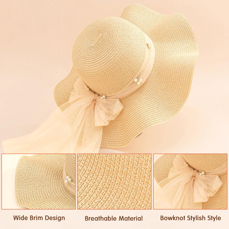 Kunyeah Kids Girl Summer Straw Hat Foldable Wide Brim Cap Sun Visor Hats Sun Protection Beach Straw Hats Bowknot Floppy Cap for Travel Holiday (Beige) - Image 4