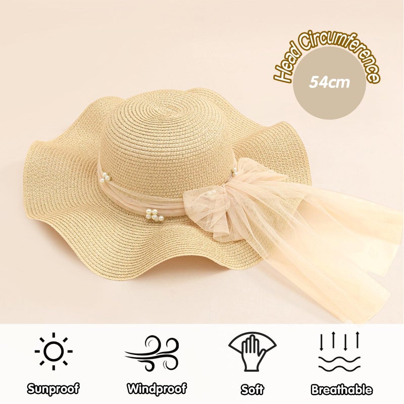 Kunyeah Kids Girl Summer Straw Hat Foldable Wide Brim Cap Sun Visor Hats Sun Protection Beach Straw Hats Bowknot Floppy Cap for Travel Holiday (Beige) - Image 5