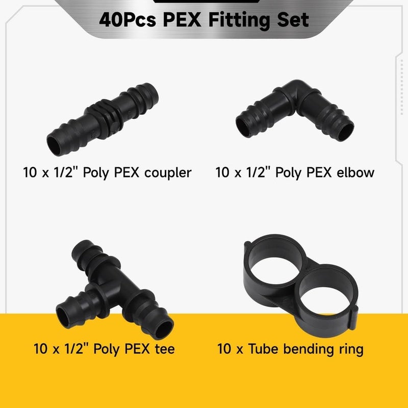 1/2 Pex Fittings 40-Piece Set, Includes Poly Elbows, Tees, Couplers, & Bending Rings for Plumbing - Image 4