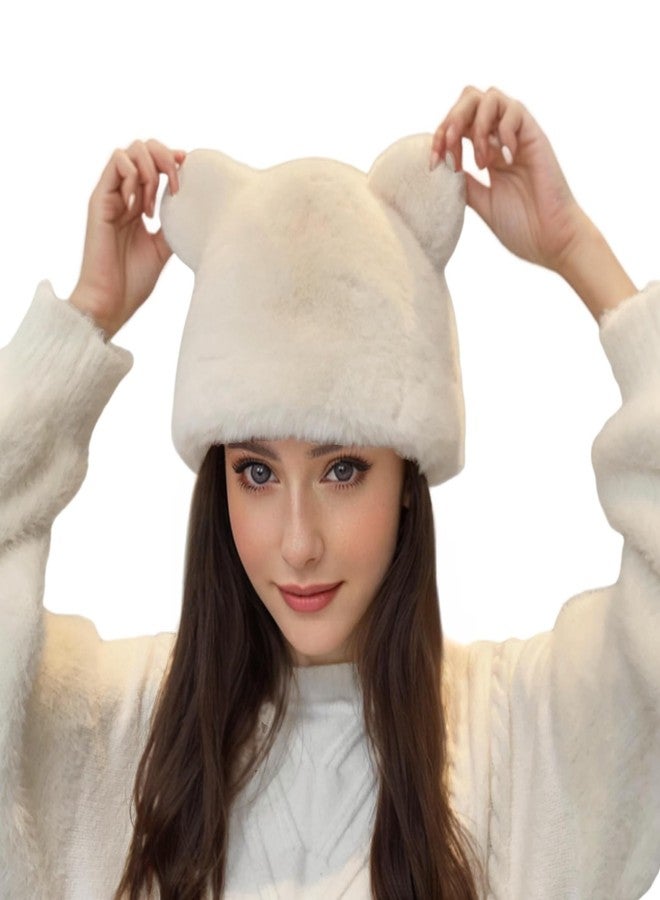 JUMISEE Cute Plush Bear Ear Beanie Hats for Women Girls Fuzzy Faux Fur Warm Winter Hat Skull Cap White - Image 1