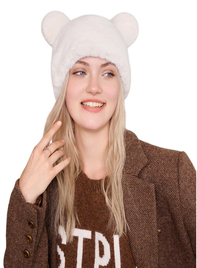 JUMISEE Cute Plush Bear Ear Beanie Hats for Women Girls Fuzzy Faux Fur Warm Winter Hat Skull Cap White - Image 5
