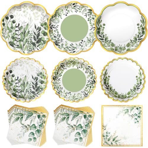 Skybooly 144 Pcs 48 Guests Sage Green Party Plates and Napkins Scalloped Green Eucalyptus Paper Plates Napkins Disposable Tableware for Birthday Bridal Baby Shower Wedding Decorations Party Supplies - Image 1