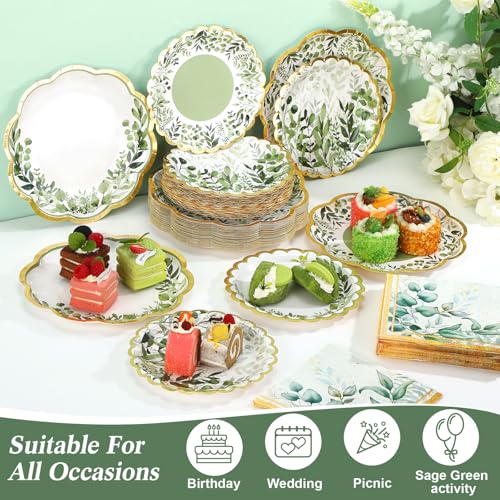 Skybooly 144 Pcs 48 Guests Sage Green Party Plates and Napkins Scalloped Green Eucalyptus Paper Plates Napkins Disposable Tableware for Birthday Bridal Baby Shower Wedding Decorations Party Supplies - Image 3