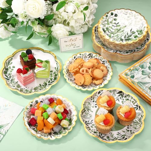Skybooly 144 Pcs 48 Guests Sage Green Party Plates and Napkins Scalloped Green Eucalyptus Paper Plates Napkins Disposable Tableware for Birthday Bridal Baby Shower Wedding Decorations Party Supplies - Image 4