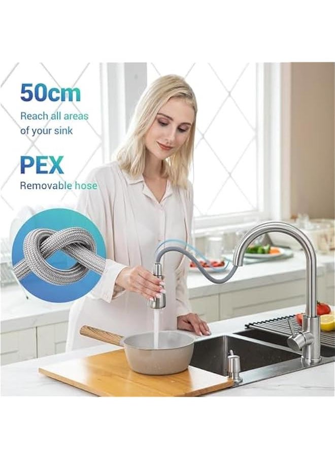 HOOKOR Kitchen Faucet, Single-Handle High Arc Kitchen Tap Faucet with Pull Down Sprayer, Stainless Steel Modern Faucet Mixer for Sink, 1 Hole Stainless Steel Kitchen Mixer 3 Modes (Silver)  - Image 3