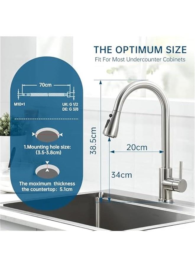 HOOKOR Kitchen Faucet, Single-Handle High Arc Kitchen Tap Faucet with Pull Down Sprayer, Stainless Steel Modern Faucet Mixer for Sink, 1 Hole Stainless Steel Kitchen Mixer 3 Modes (Silver)  - Image 4