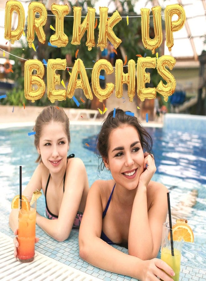 AnnoDeel AonnDeel Drink Up Beaches Foil Balloons, Gold Letter Luau Banner Champagne Mylar Balloons for Summer Beaches Hawaii Tropical Party Supplies Decorations - Image 3