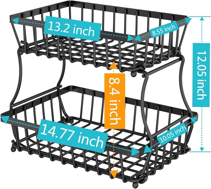 Kitwe 2 Tier Fruit Wire Basket Detachable Bowl Baskets, Kitchen Storing Baskets Stand, Vegetables, Snacks Bread Organizing, Medium Black - Image 5