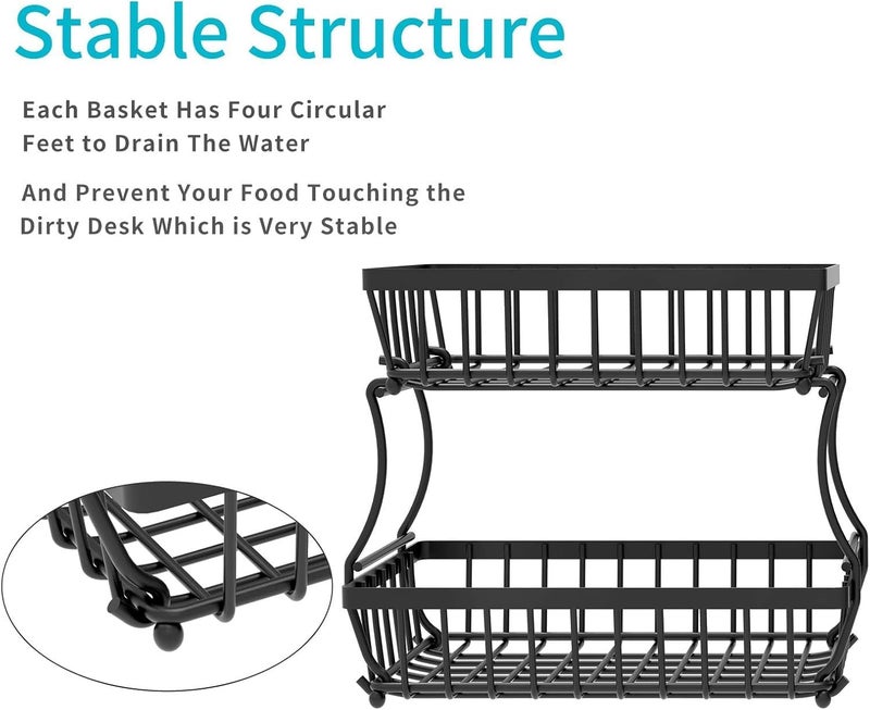 Kitwe 2 Tier Fruit Wire Basket Detachable Bowl Baskets, Kitchen Storing Baskets Stand, Vegetables, Snacks Bread Organizing, Medium Black - Image 2