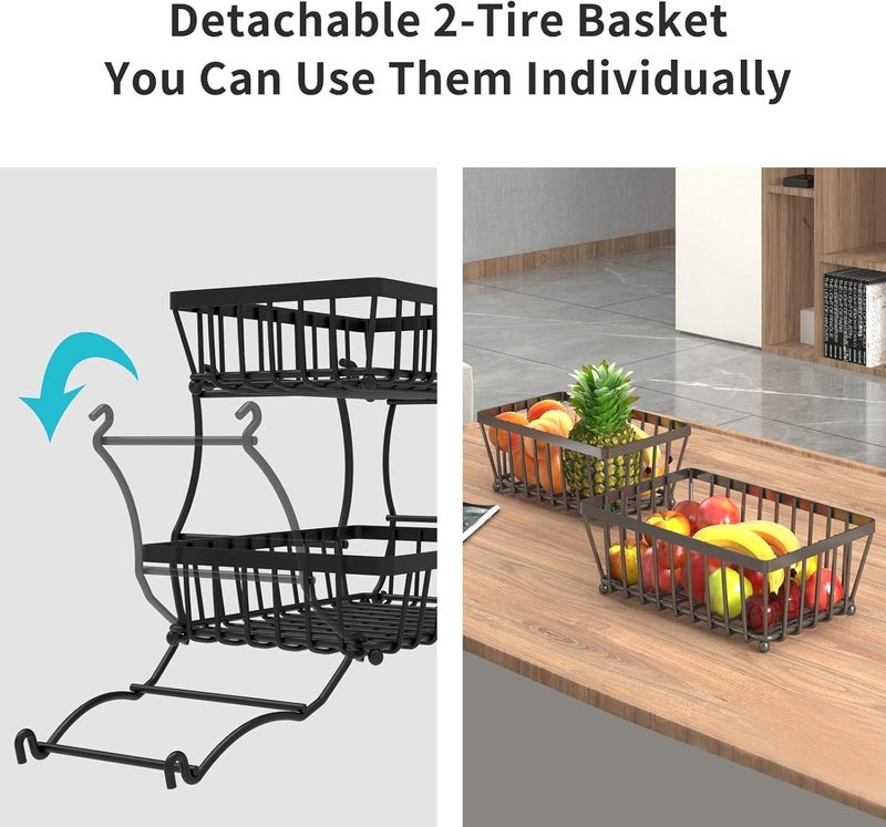 Kitwe 2 Tier Fruit Wire Basket Detachable Bowl Baskets, Kitchen Storing Baskets Stand, Vegetables, Snacks Bread Organizing, Medium Black - Image 3