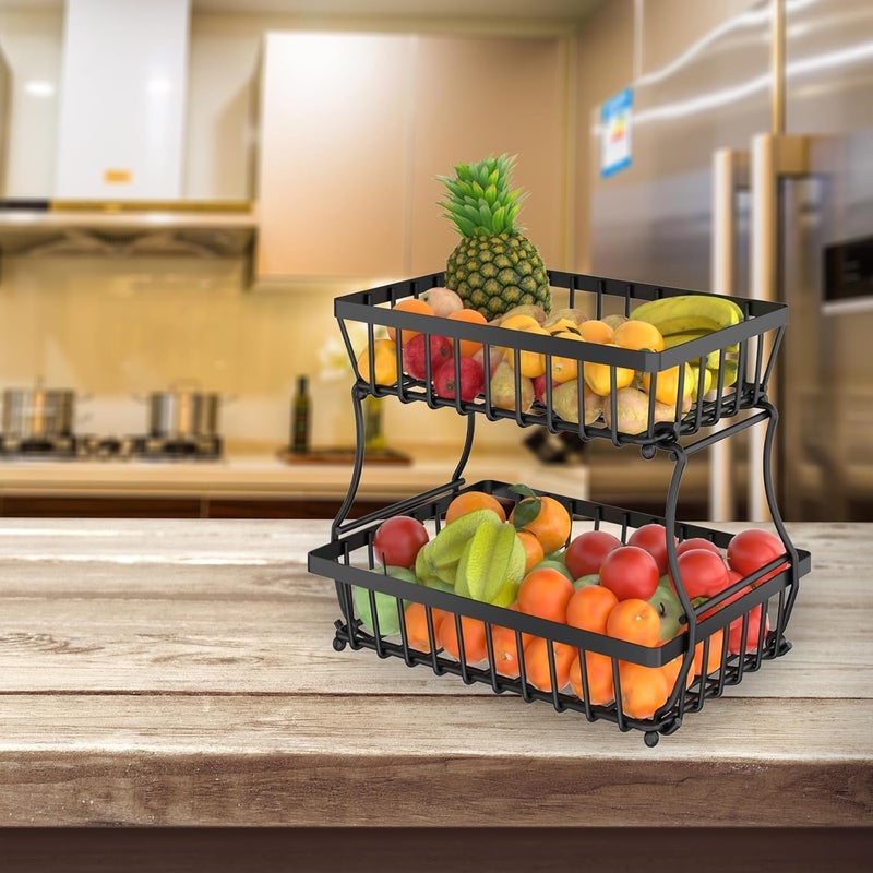 Kitwe 2 Tier Fruit Wire Basket Detachable Bowl Baskets, Kitchen Storing Baskets Stand, Vegetables, Snacks Bread Organizing, Medium Black - Image 1