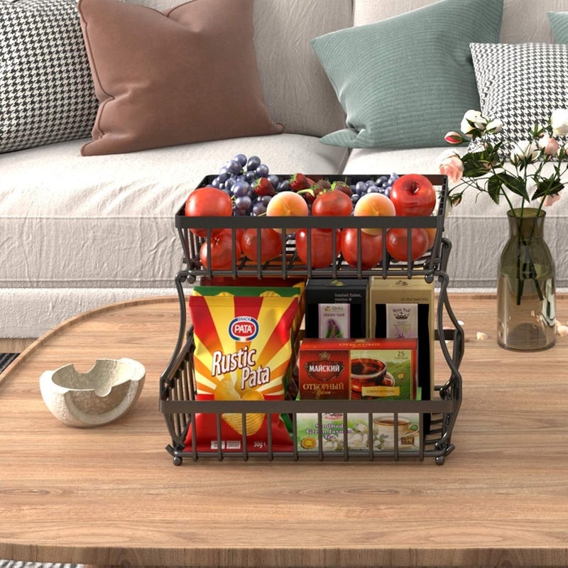 Kitwe 2 Tier Fruit Wire Basket Detachable Bowl Baskets, Kitchen Storing Baskets Stand, Vegetables, Snacks Bread Organizing, Medium Black - Image 4
