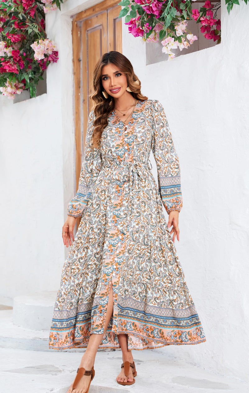 R.Vivimos Women's Long Sleeve Boho Midi Dress V Neck Floral Print Casual Button Down Loose Ruffle Beach Long Dress with Belt (Small, Beige) - Image 2