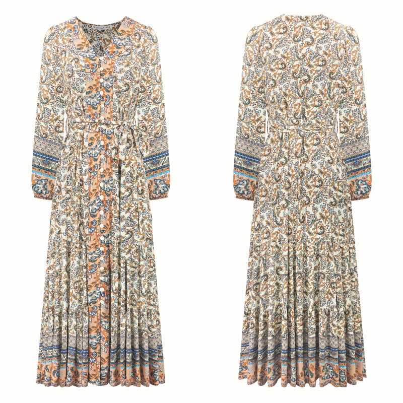 R.Vivimos Women's Long Sleeve Boho Midi Dress V Neck Floral Print Casual Button Down Loose Ruffle Beach Long Dress with Belt (Small, Beige) - Image 5