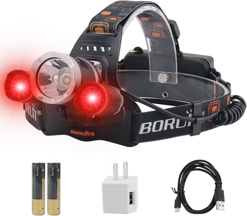 BORUIT RJ-3000 LED Rechargeable Headlamp,3 Modes White and Red LED Hunting Headlamps,Super Bright Tactical Flashlight Red Light Head Lamp for Running Camping Hiking Fishing - Image 1