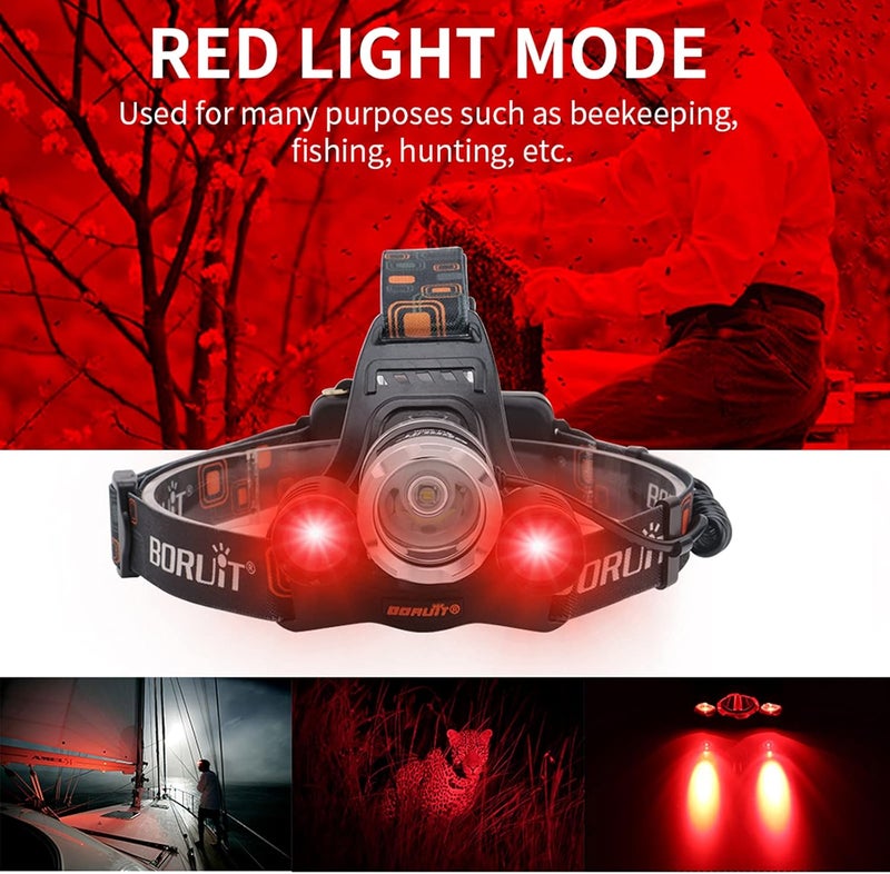 BORUIT RJ-3000 LED Rechargeable Headlamp,3 Modes White and Red LED Hunting Headlamps,Super Bright Tactical Flashlight Red Light Head Lamp for Running Camping Hiking Fishing - Image 2