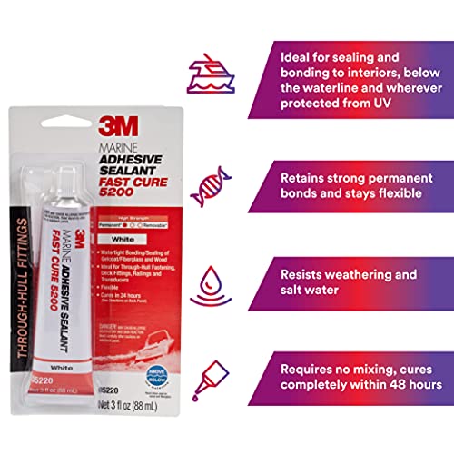 3M Marine Adhesive Sealant Fast Cure 5200 (05220) Permanent Bonding and Sealing for Boats and RVs Above and Below the Waterline Waterproof Repair, White, 3 fl oz Tube - Image 2