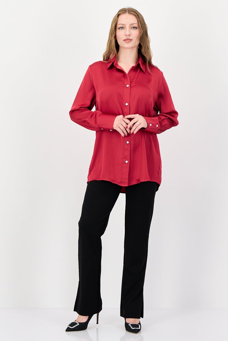 bebe Women Spread Collar Plain Long Sleeve Shirt, Pink - Image 3