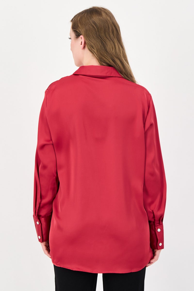 bebe Women Spread Collar Plain Long Sleeve Shirt, Pink - Image 4