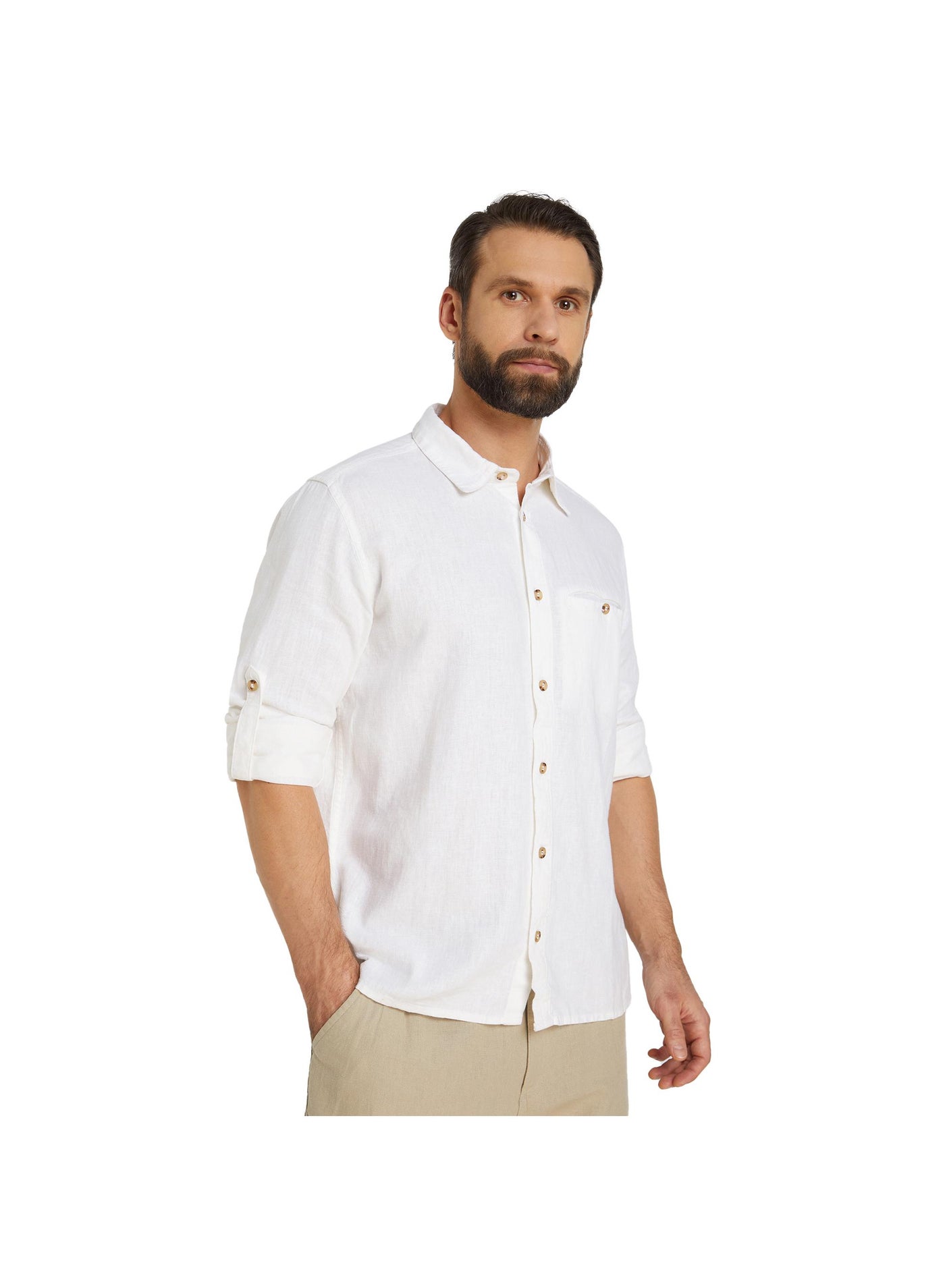 Outventure White Shirt – Stylish, Breathable 55% flax, 45% viscose Blend with Straight Cut and Roll-Up Sleeves for Active Men