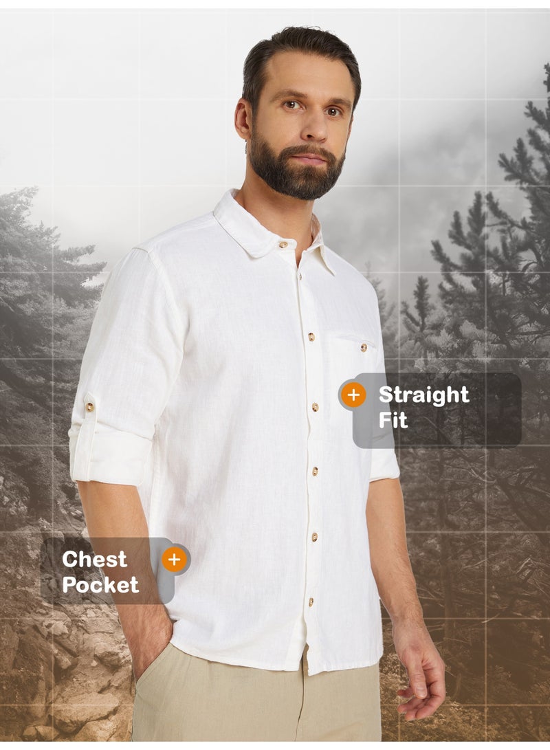 Outventure White Shirt – Stylish, Breathable 55% flax, 45% viscose Blend with Straight Cut and Roll-Up Sleeves for Active Men - Image 2