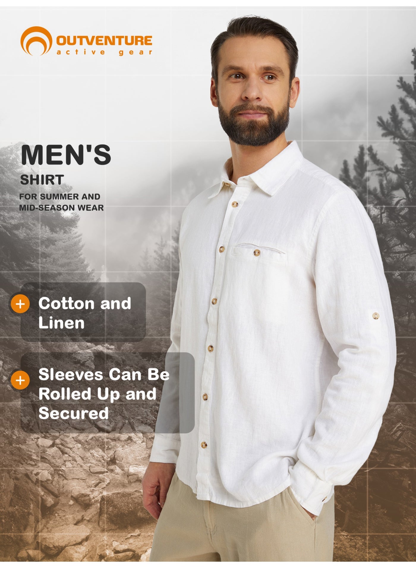 Outventure White Shirt – Stylish, Breathable 55% flax, 45% viscose Blend with Straight Cut and Roll-Up Sleeves for Active Men image 10