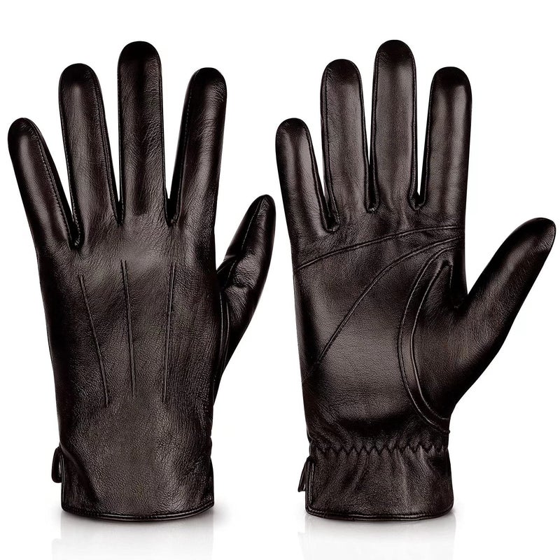 Alepo Genuine Sheepskin Leather Gloves For Men, Winter Warm Touchscreen Texting Cashmere Lined Driving Motorcycle Gloves (Brown-L) - Image 1