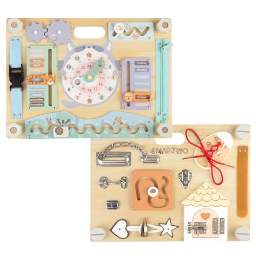 Smartwo DoubleSided Wooden Busy Board for Toddlers Sensory Activity Board Montessori Travel Toy for Kids Educational Toy for Autism Ideal Choice for Baby Girls or Boys Birthday - Image 1