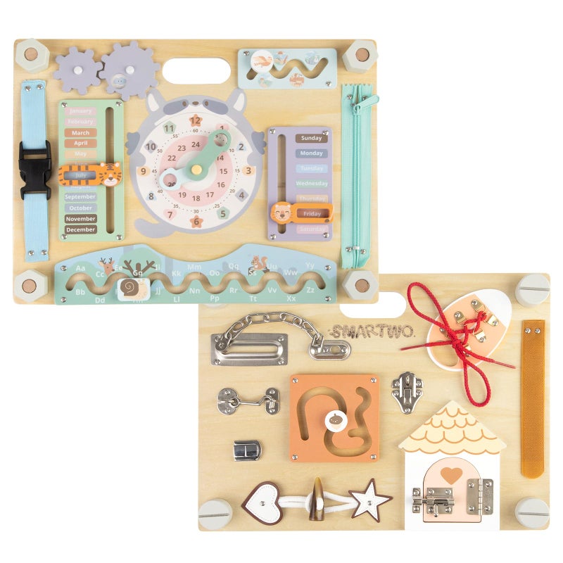 Smartwo DoubleSided Wooden Busy Board for Toddlers Sensory Activity Board Montessori Travel Toy for Kids Educational Toy for Autism Ideal Choice for Baby Girls or Boys Birthday - Image 2