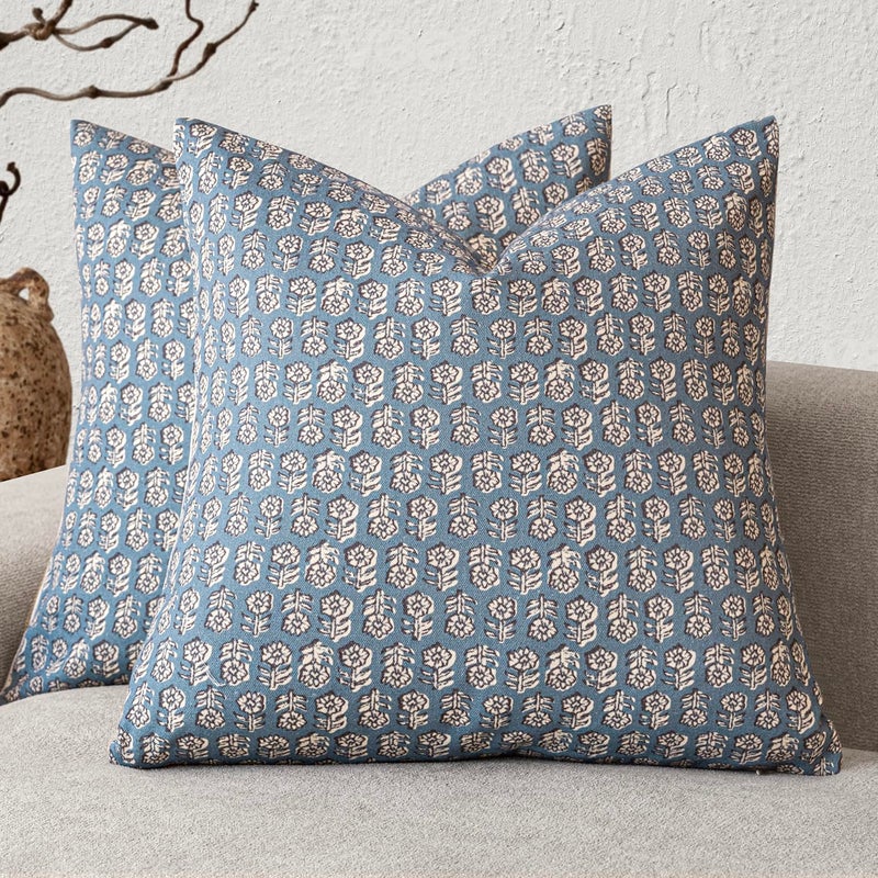 Foindtower Set of 2 Decorative Neutral Floral Print Throw Pillow Covers Vintage Accent Farmhouse Cushion Covers Boho Home Decor for Sofa Couch Chair Bedroom Living Room2222 InchDusty Blue - Image 2