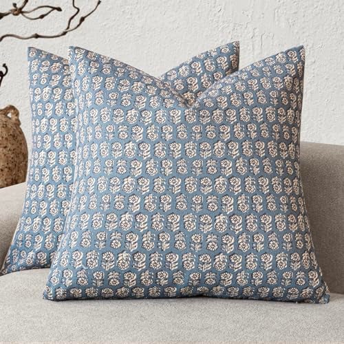 Foindtower Set of 2 Decorative Neutral Floral Print Throw Pillow Covers Vintage Accent Farmhouse Cushion Covers Boho Home Decor for Sofa Couch Chair Bedroom Living Room2222 InchDusty Blue - Image 1