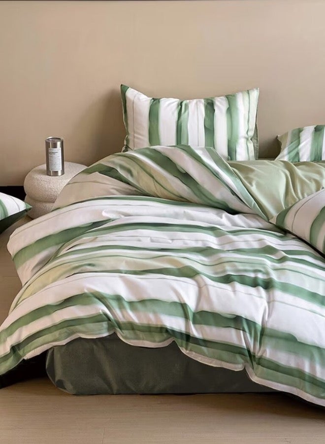 LUNA Home Single size, 4-piece, reversible duvet cover set featuring a striped design in a vibrant green color.  - Image 1