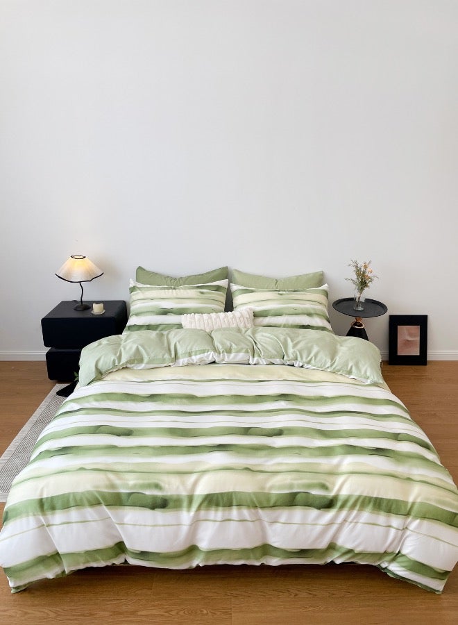 LUNA Home Single size, 4-piece, reversible duvet cover set featuring a striped design in a vibrant green color.  - Image 2