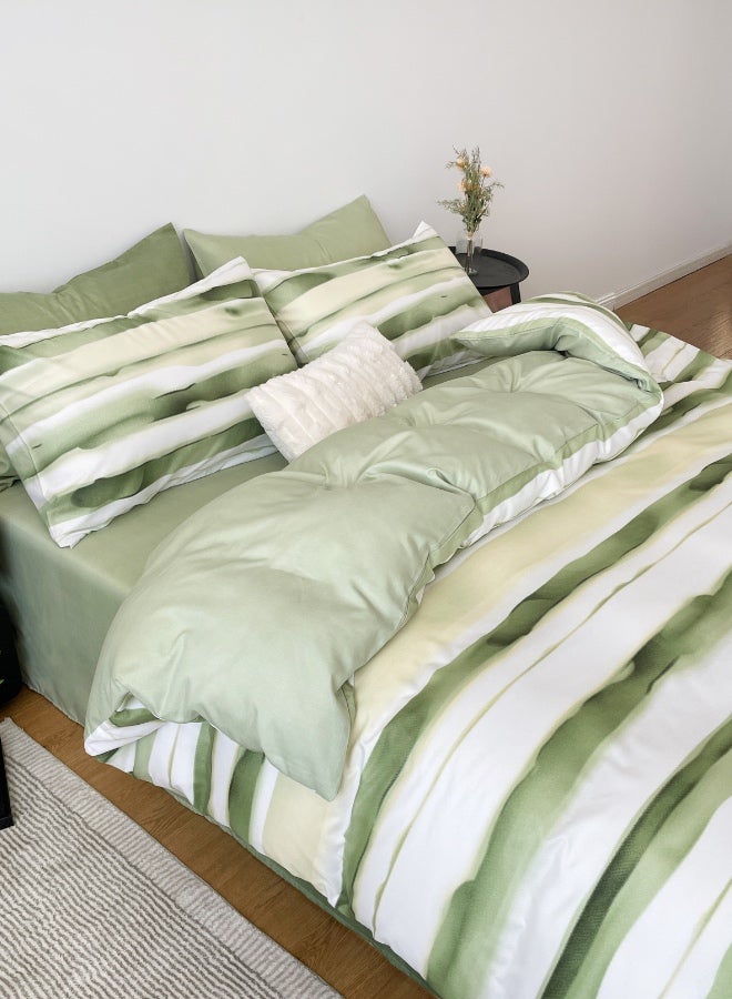 LUNA Home Single size, 4-piece, reversible duvet cover set featuring a striped design in a vibrant green color.  - Image 4