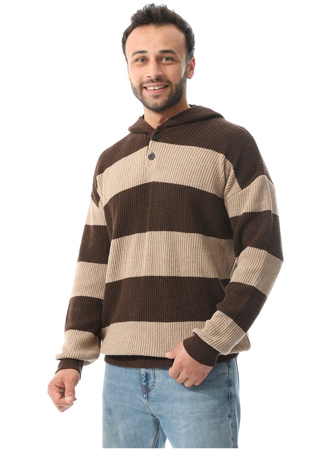 Andora Wide Striped Knitted Pullover _ Beige & Brown - Image 3