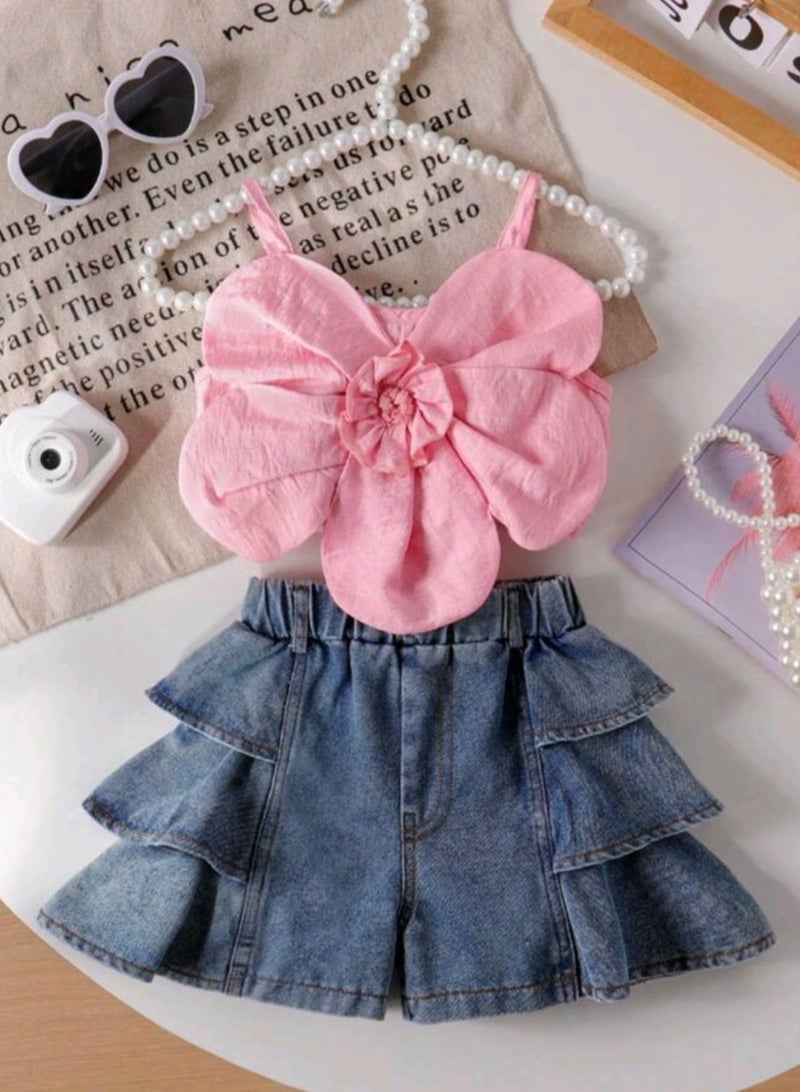 Large flower ruffle top and denim shorts with ruffle sides  - Image 1