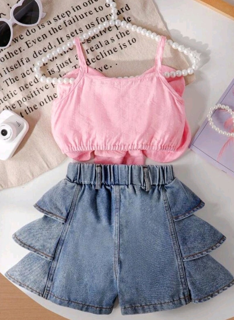 Large flower ruffle top and denim shorts with ruffle sides  - Image 2