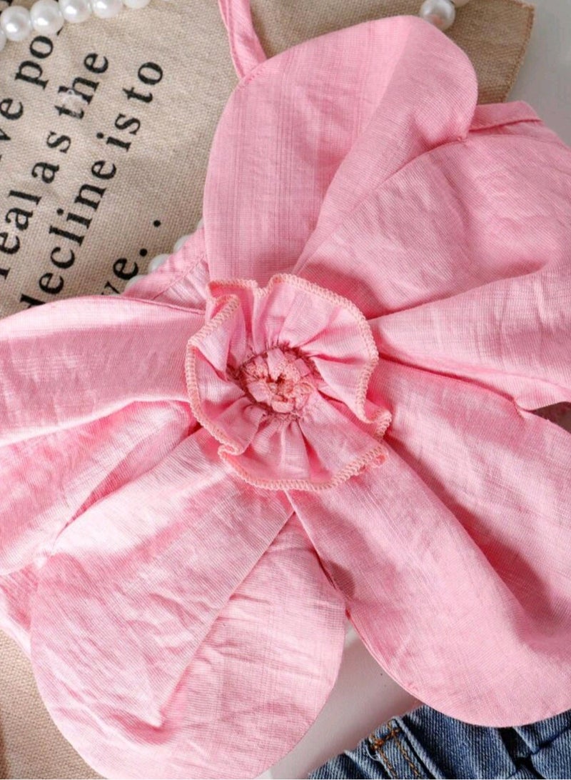 Large flower ruffle top and denim shorts with ruffle sides  - Image 3