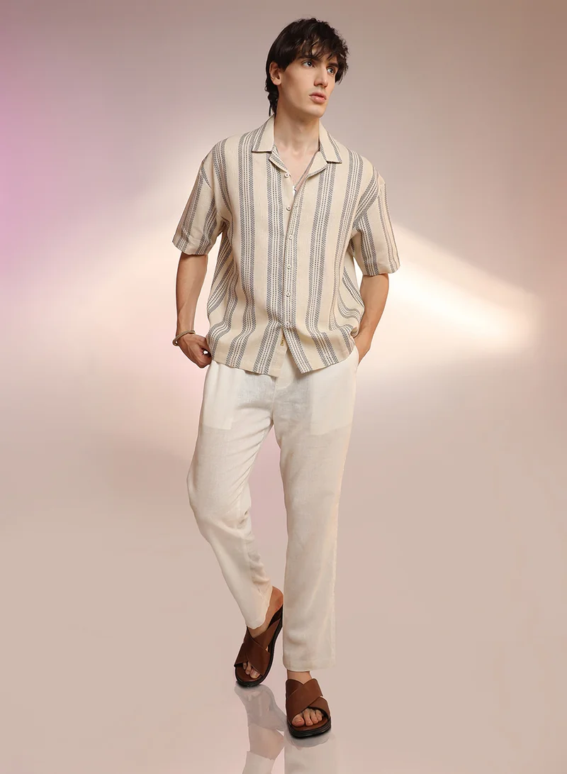 Campus Sutra Men's Saltbox Beige Woven Striped Oversized Shirt