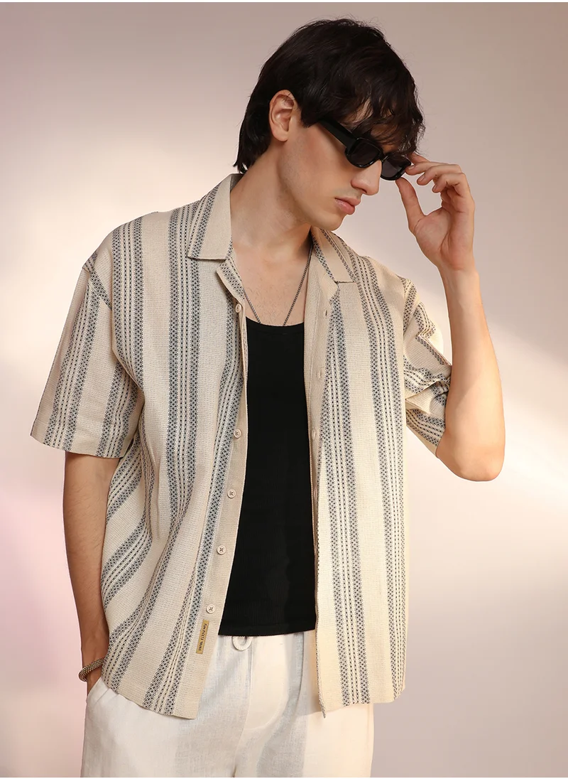 Campus Sutra Men's Saltbox Beige Woven Striped Oversized Shirt