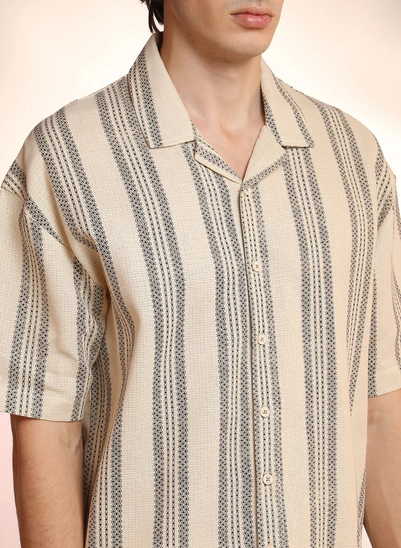 Campus Sutra Men's Saltbox Beige Woven Striped Oversized Shirt