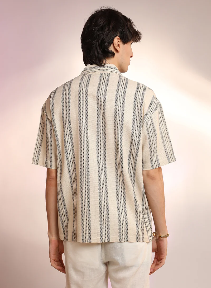Campus Sutra Men's Saltbox Beige Woven Striped Oversized Shirt