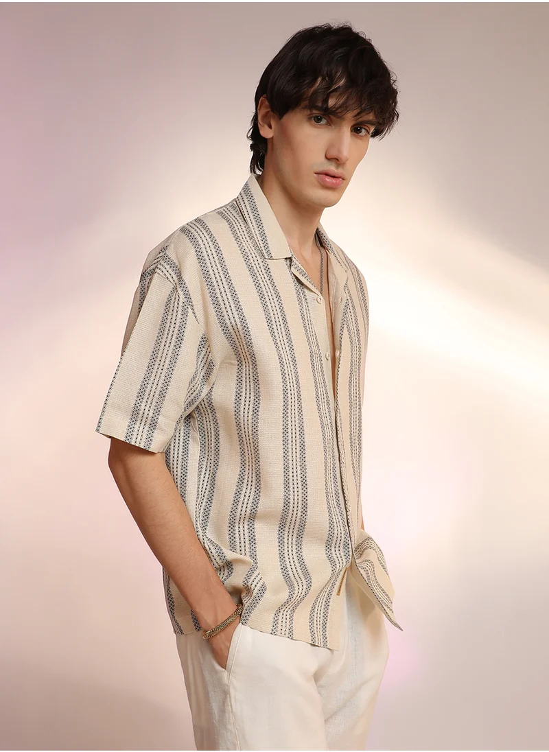 كامبوس سوترا Men's Saltbox Beige Woven Striped Oversized Shirt